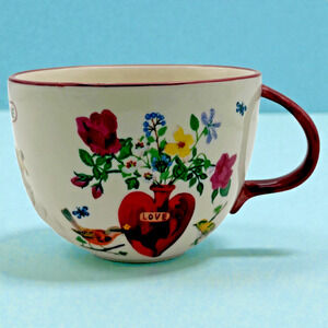 Anthropologie Nathalie Lete Titania Mug Love Heart Bird Embossed Flowers 17 oz